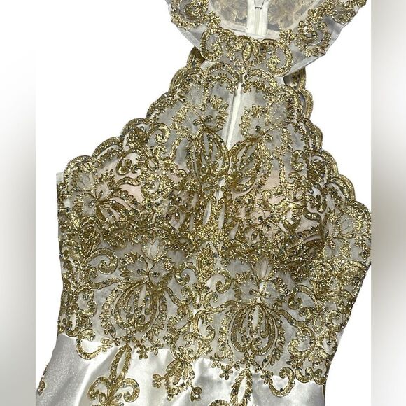 Xscape Embellished Embroidered Mikado Party Dress White Gold Size 2 EUC - Picture 2 of 15